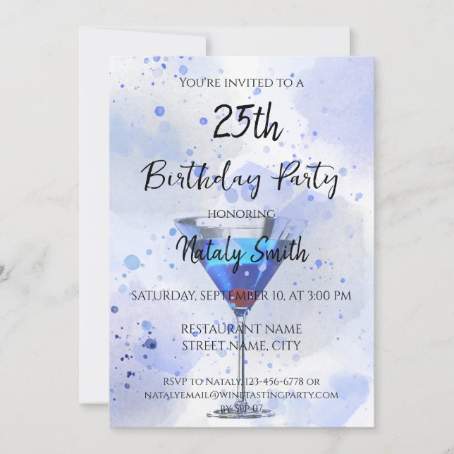 Blue martini cocktail on white invitation (Front)
