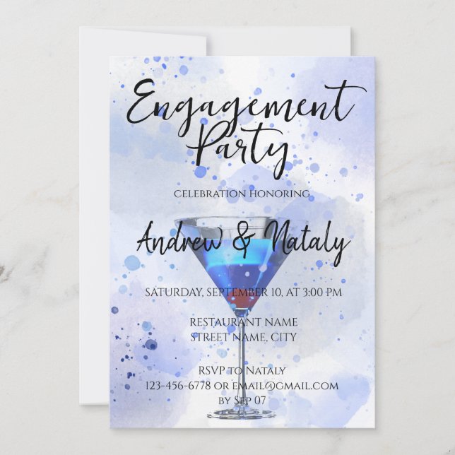 Blue martini cocktail on white invitation (Front)