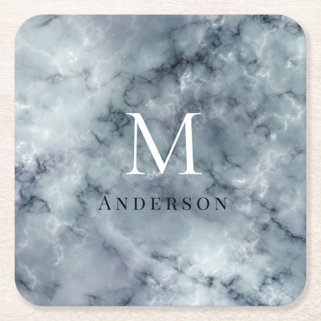 blue masculine double monogram square paper coaster (Front)
