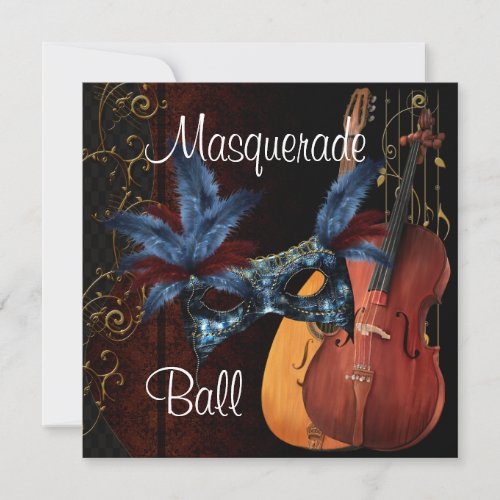 Blue Mask Musical Instruments  Masquerade Ball Inv Invitation