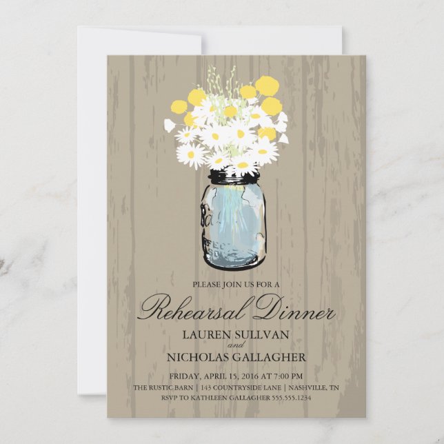 Blue Mason Jar and Daisies Rehearsal Dinner Invitation (Front)