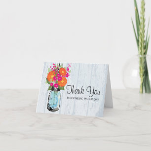 Blue Mason Jar and Gerber Daisies Letterpress Thank You Card