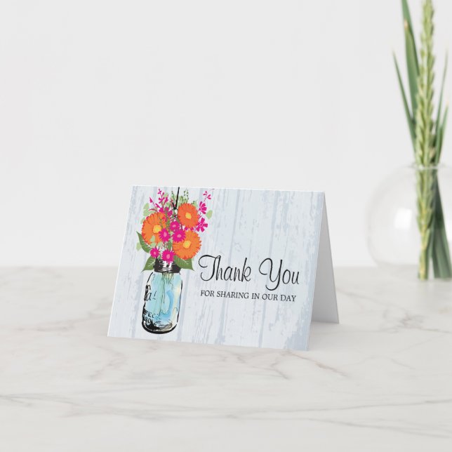 Blue Mason Jar and Gerber Daisies Thank You Card (Front)