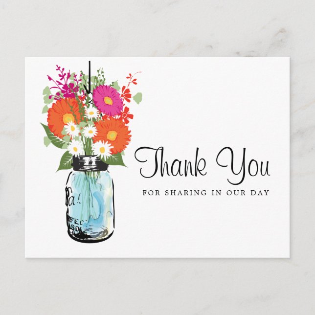Blue Mason Jar and Gerber Daisies Thank You  Postcard (Front)