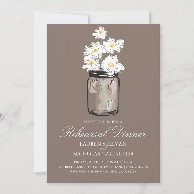 Blue Mason Jar and White Daisies Rehearsal Dinner Invitation (Front)