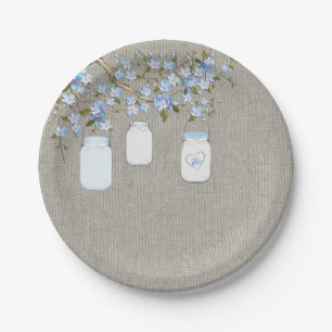 Blue Mason Jar Burlap Baby Shower Paper Plates