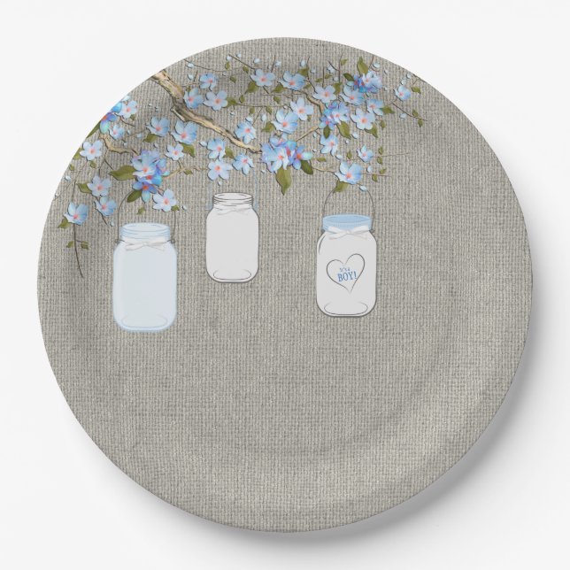 Blue Mason Jar Burlap Boys Baby Shower Paper Plates (Front)