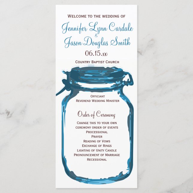 Blue Mason Jar Country Wedding Programs (Front)
