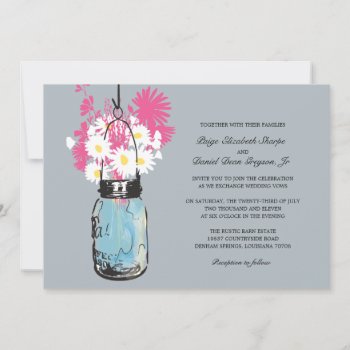 Blue Mason Jar Daisies And Wildflowers Wedding Invitation by labellarue at Zazzle