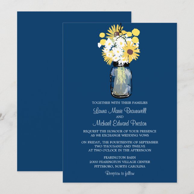 Blue Mason Jar Daisies Yellow Sunflowers Wedding Invitation (Front/Back)