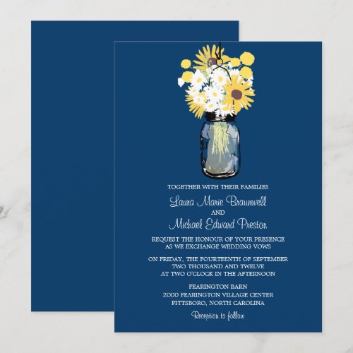 Mason Jar Wild Daisies Sunflowers &amp; Billy Balls Custom Invitations