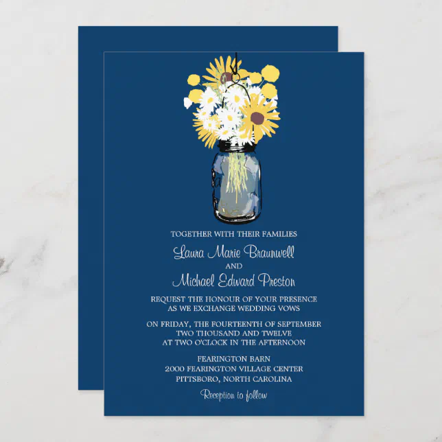 Blue Mason Jar Daisies Yellow Sunflowers Wedding Invitation Zazzle