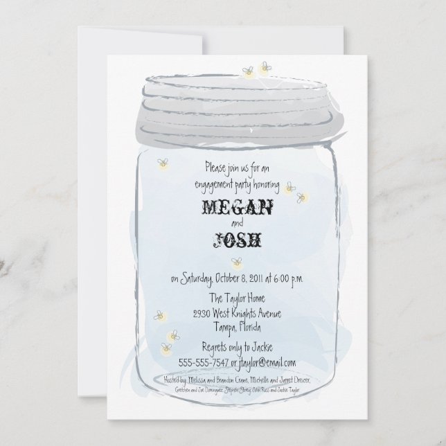 Blue Mason Jar & Fireflies Engagement Party Invitation (Front)