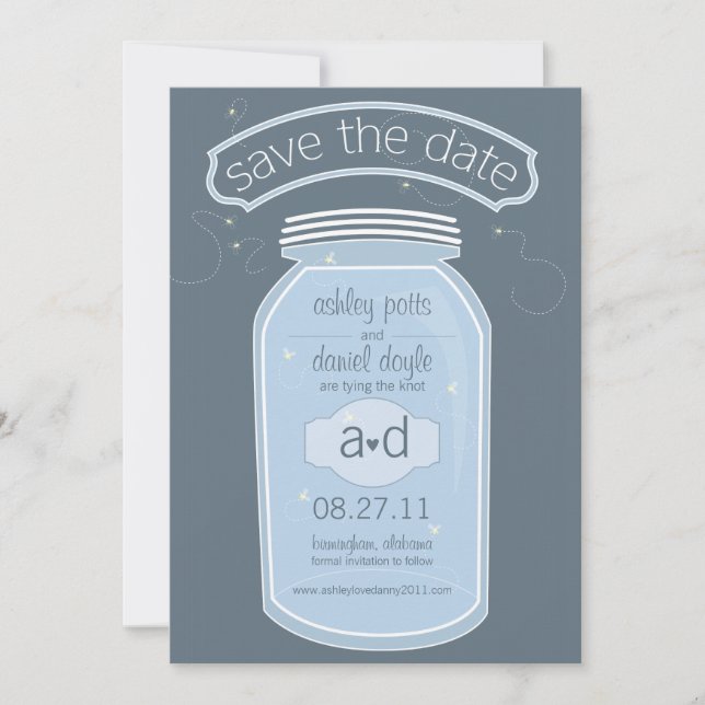 Blue Mason Jar & Fireflies Save the Date (Front)