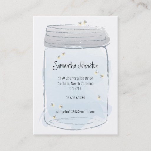 Customizable Blue Mason Jar &amp; Fireflies Save the Date Business Card Templates