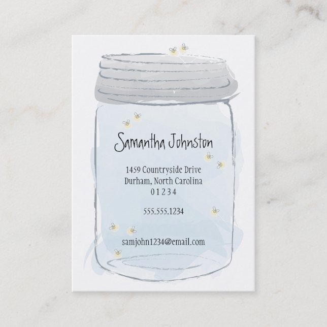 Blue Mason Jar & Fireflies Save the Date Business Card (Front)