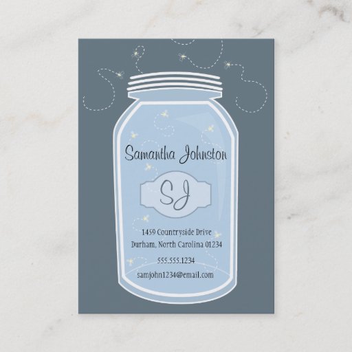 Customizable Blue Mason Jar & Fireflies Save the Date Business Card Template