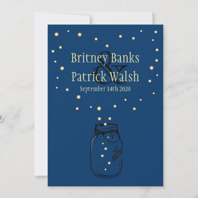 Blue Mason Jar Firefly Wedding Invitations (Front)
