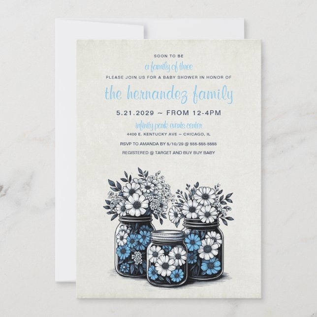 Blue Mason Jar Flowers Baby Shower Invitation (Front)