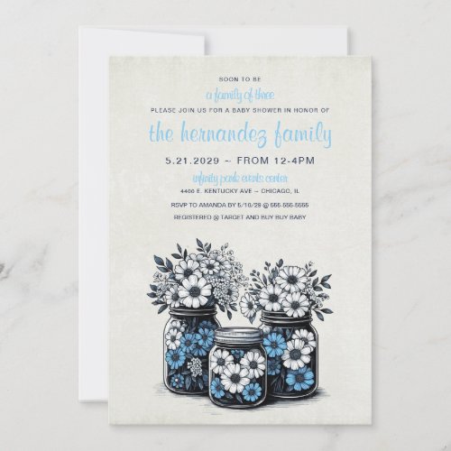 Blue Mason Jar Flowers Baby Shower Invitation