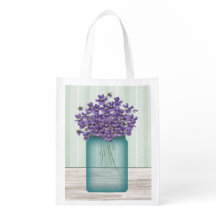 Blue Mason Jar Of Violets Reusable Bag
