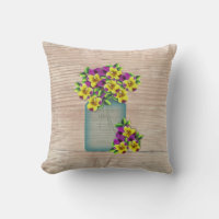 Blue Mason Jar Pansies Pillow