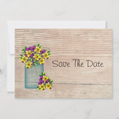 Blue Mason Jar Pansies Save The Date