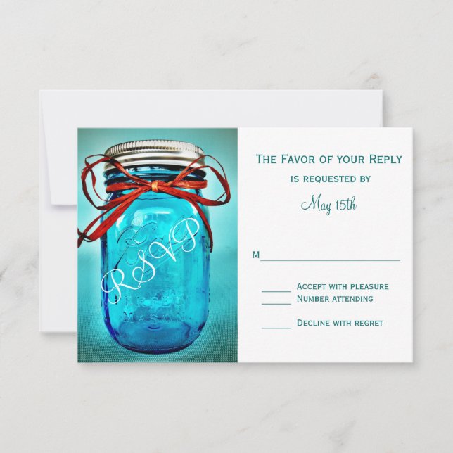 Blue Mason Jar Rustic Country RSVP Cards (Front)