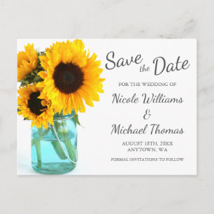 Blue Mason Jar Sunflowers Save the Date Announcement Postcard