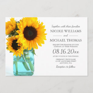 Blue Mason Jar Sunflowers Wedding Invitations