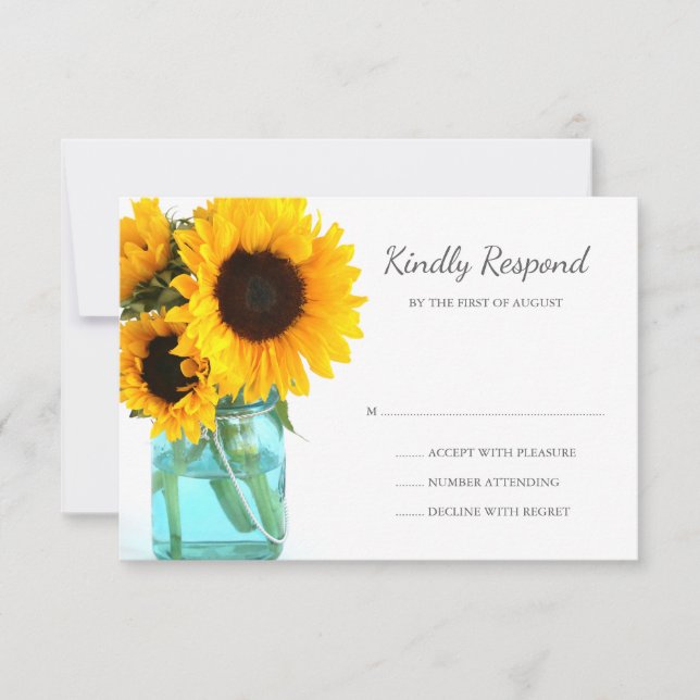 Blue Mason Jar Sunflowers Wedding RSVP (Front)