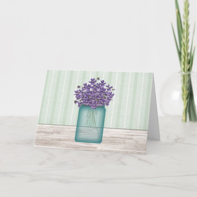 Blue Mason Jar Violets Birthday Card (Front)