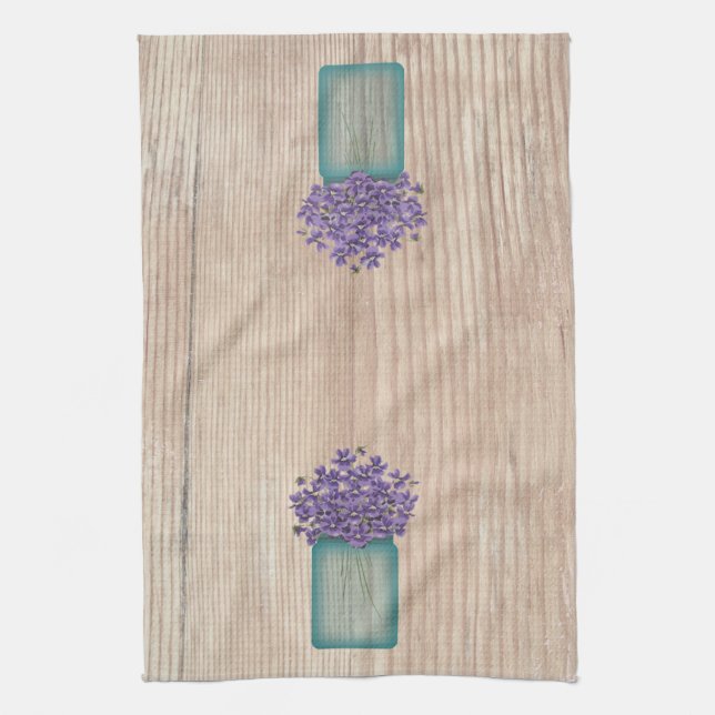 Blue Mason Jar Violets Kitchen Towel (Vertical)
