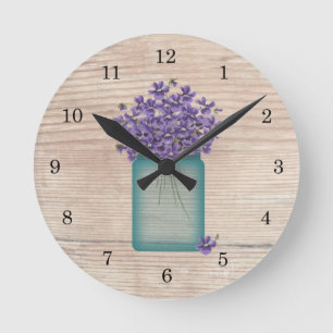 Blue Mason Jar Violets Wall Clock