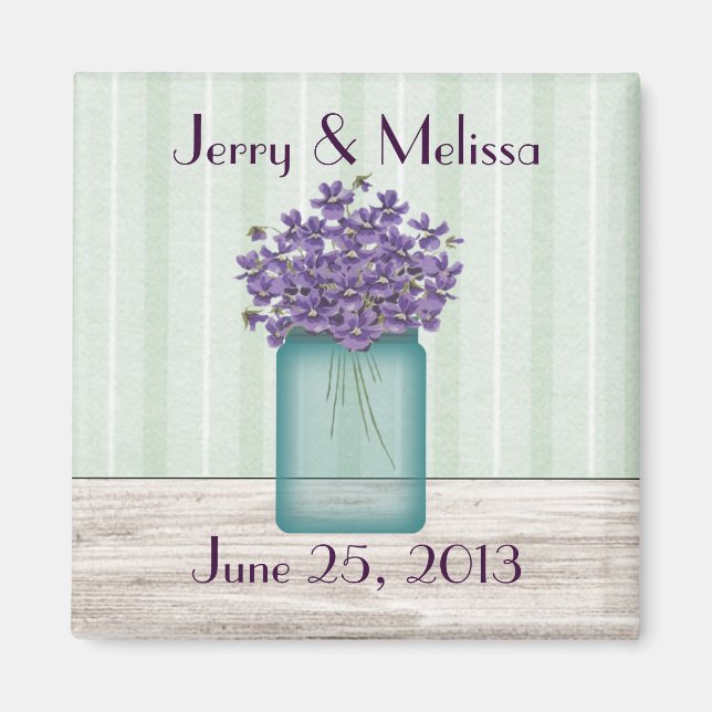 Blue Mason Jar Violets Wedding Favor Magnet (Front)