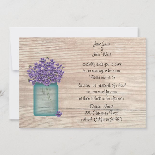 Blue Mason Jar Violets Wedding Invitation (Front)