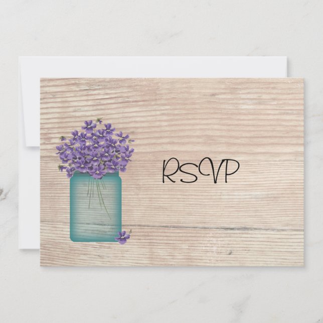 Blue Mason Jar Violets Wedding Reception RSVP Invitation (Front)
