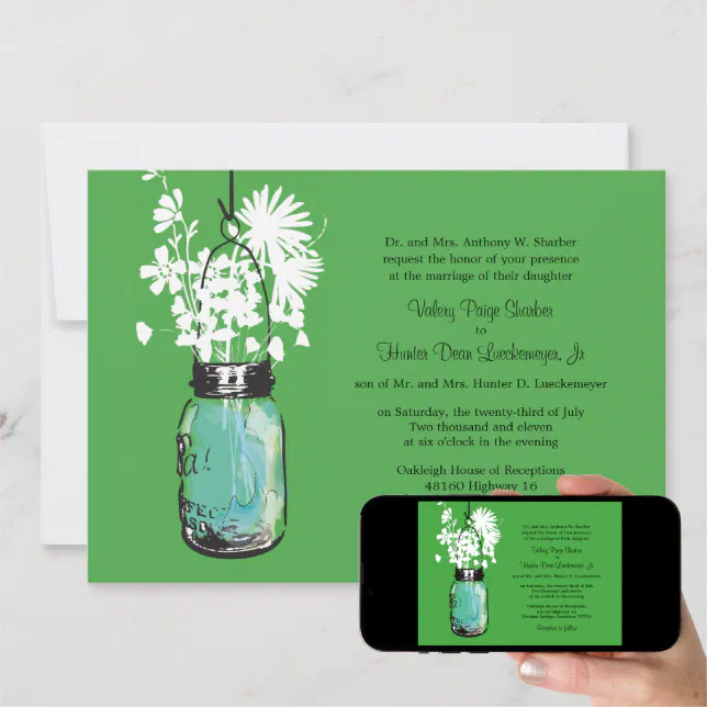 Blue Mason Jar With Wildflowers Wedding Invitation Zazzle