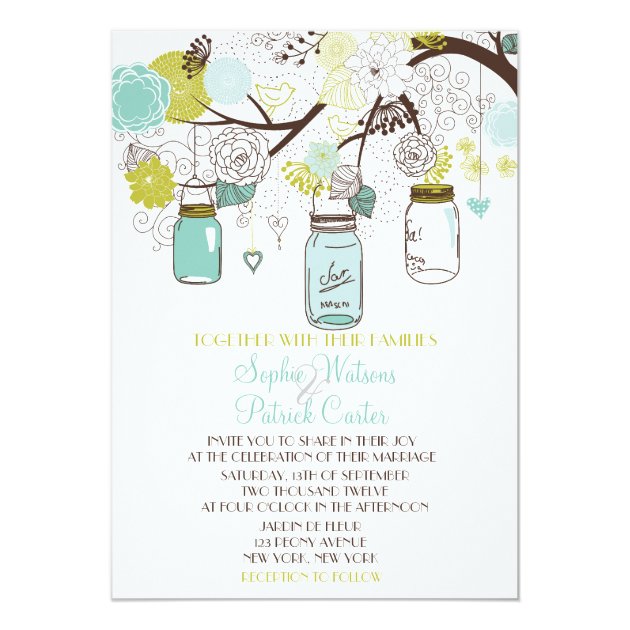 Blue Mason Jars And Flowers Wedding Invitations