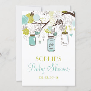 Blue Mason Jars and Spring Flowers Baby Shower Invitation