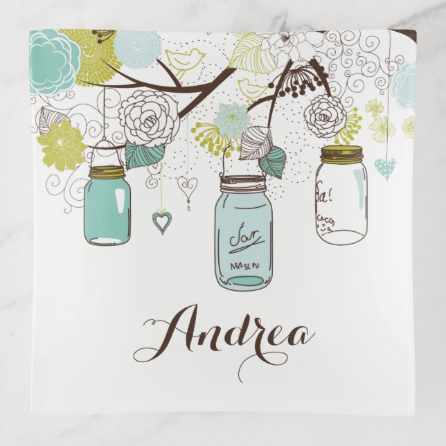 Blue Mason Jars Floral Personalized Trinket Tray (Front)