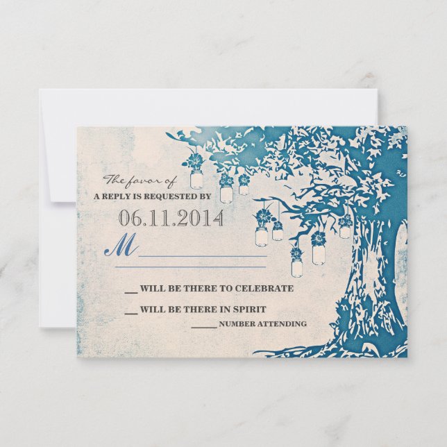 blue mason jars tree rustic wedding rsvp cards (Front)