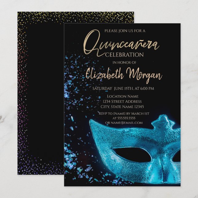 Blue Masque,Confetti  Quinceañera  Invitation (Front/Back)