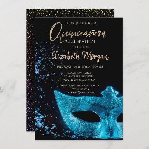 Blue MasqueConfetti  Quinceaera  Invitation