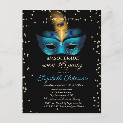 Blue Masque Diamonds Masquerade Sweet 16 Invitation Postcard