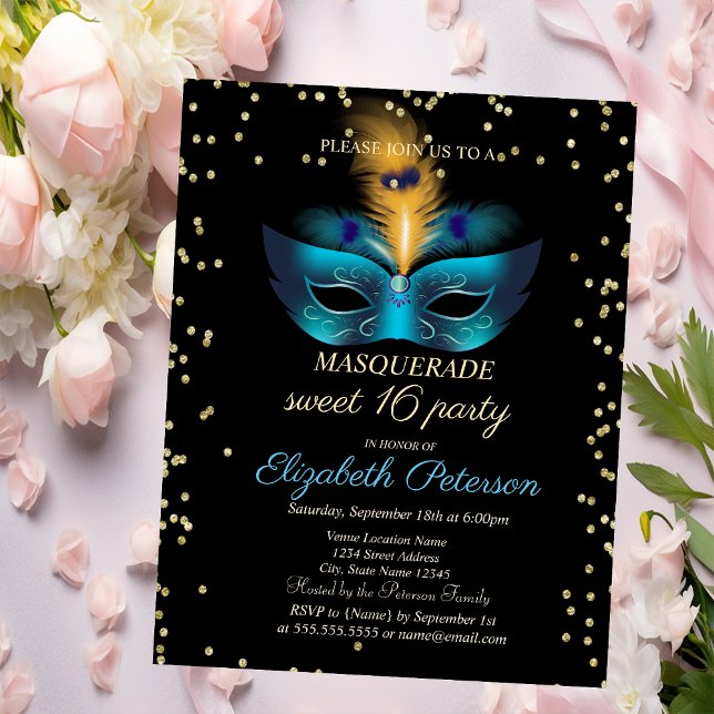 Blue Masque Diamonds Masquerade Sweet 16 Invitation Postcard (Creator Uploaded)