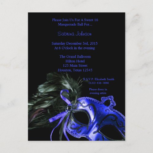 Blue Masquerade Ball Sweet Sixteen Birthday Postcard