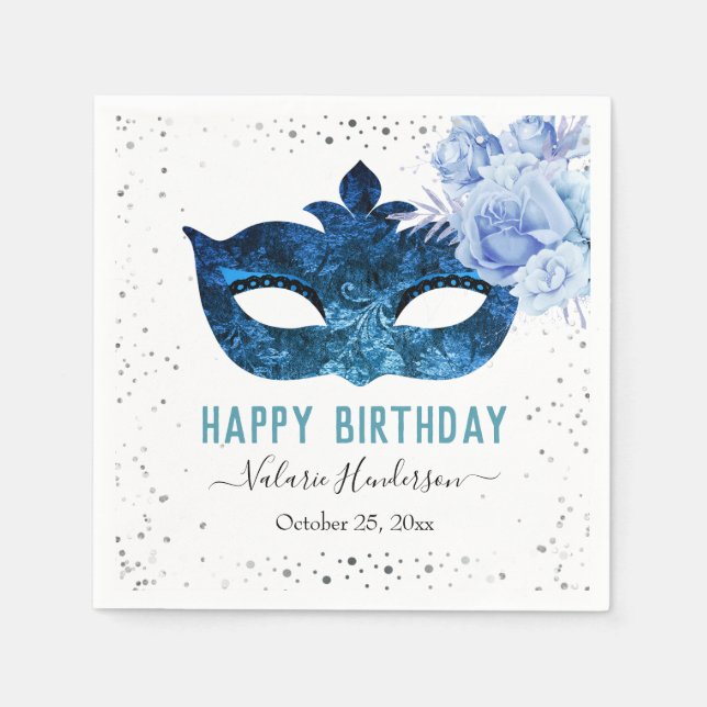 Blue Masquerade Birthday Party Napkins (Front)