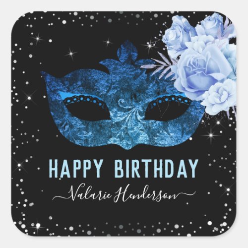 Blue Masquerade Birthday Party Square Sticker