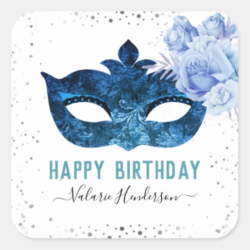 Blue Masquerade Birthday Party Square Sticker